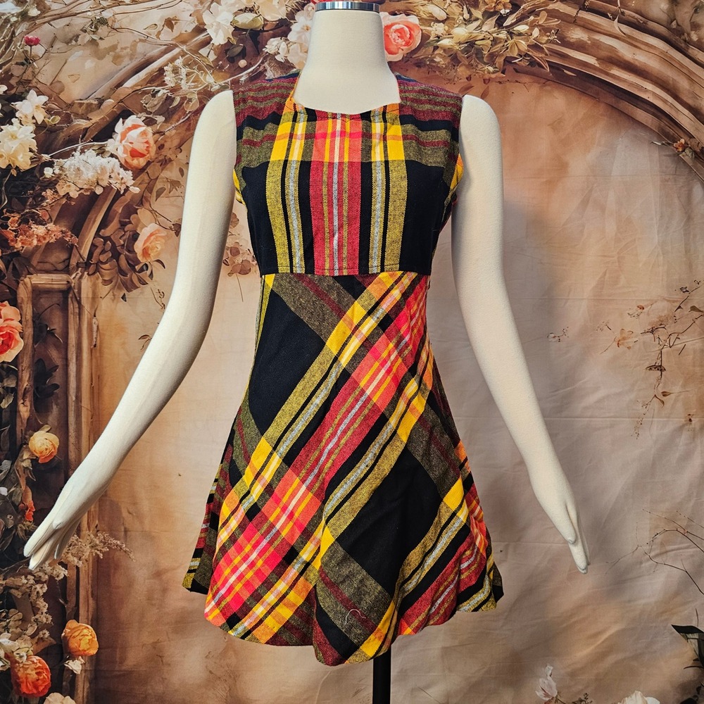 Vintage 1960s Plaid Mini Dress Sleeveless Mod High Waist Yellow Red Waist Tie
